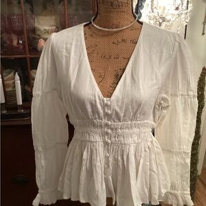 Faherty Regenerative Cotton White Peasant Blouse with Smocked Waist